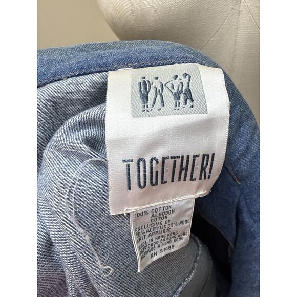 Vintage Together Denim Jacket L Floral Knit Appliqué Oversized 80s 90s Jean Coat - Picture 8 of 9